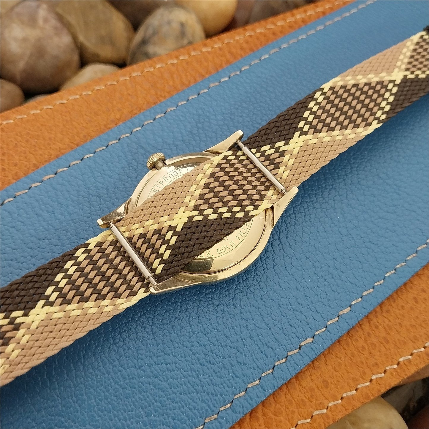 18mm Braided Perlon Brown Argyle 1-Piece Classic 1960s Unused Vintage Watch Band