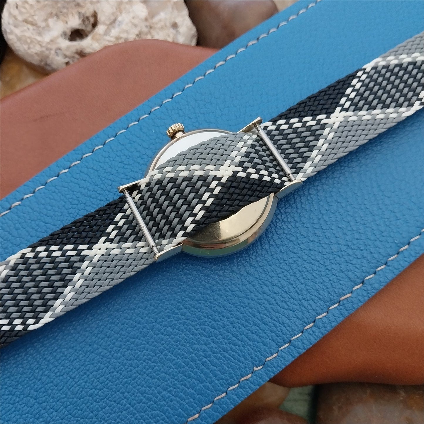 Vintage 18mm Braided Perlon Black White & Grey Argyle Single Pass 60s Watch Band