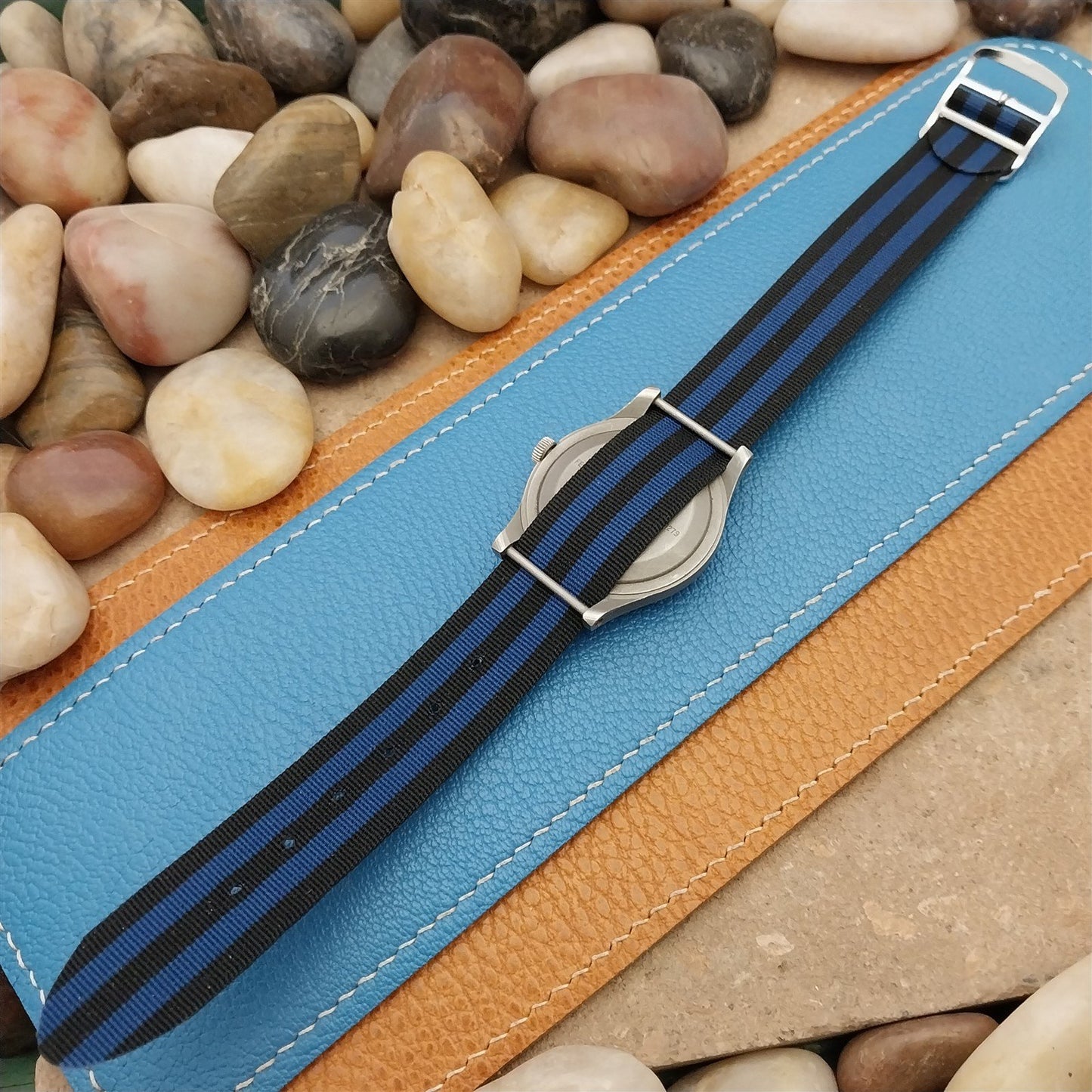 Vintage 18mm Perlon 60s Black &Blue Unused Classic Single Pass Field Watch Strap