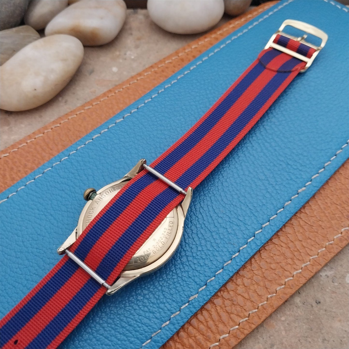 Vintage 18mm Striped Red Blue Perlon NOS Single Pass Classic 1960s Watch Strap