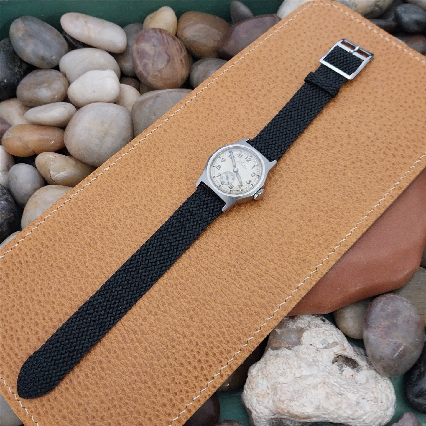 16mm Braided Black Perlon Graf Swiss 2-Piece Unused nos 1960s Vintage Watch Band