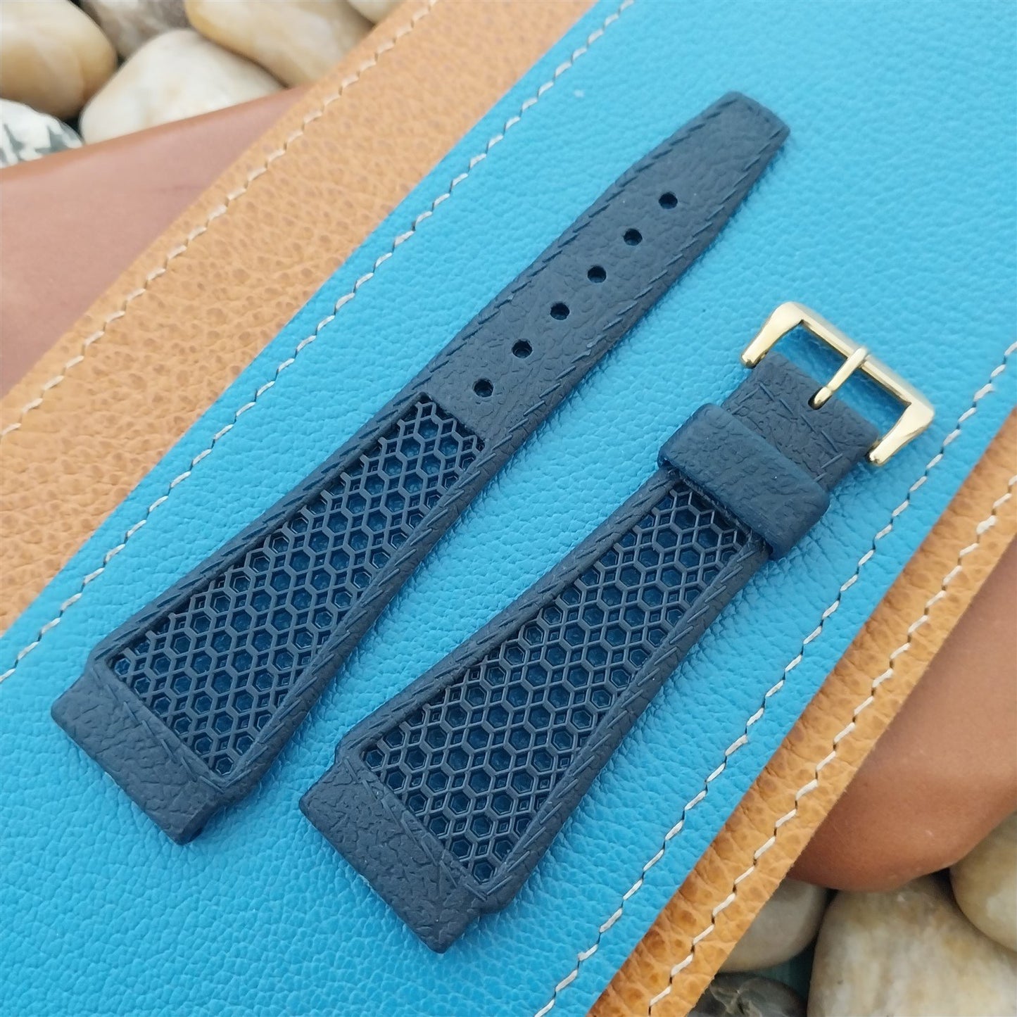 22mm Blue Skindiver Strap & Gold-Tone Buckle Golay Swiss nos Vintage 1960s-1970s