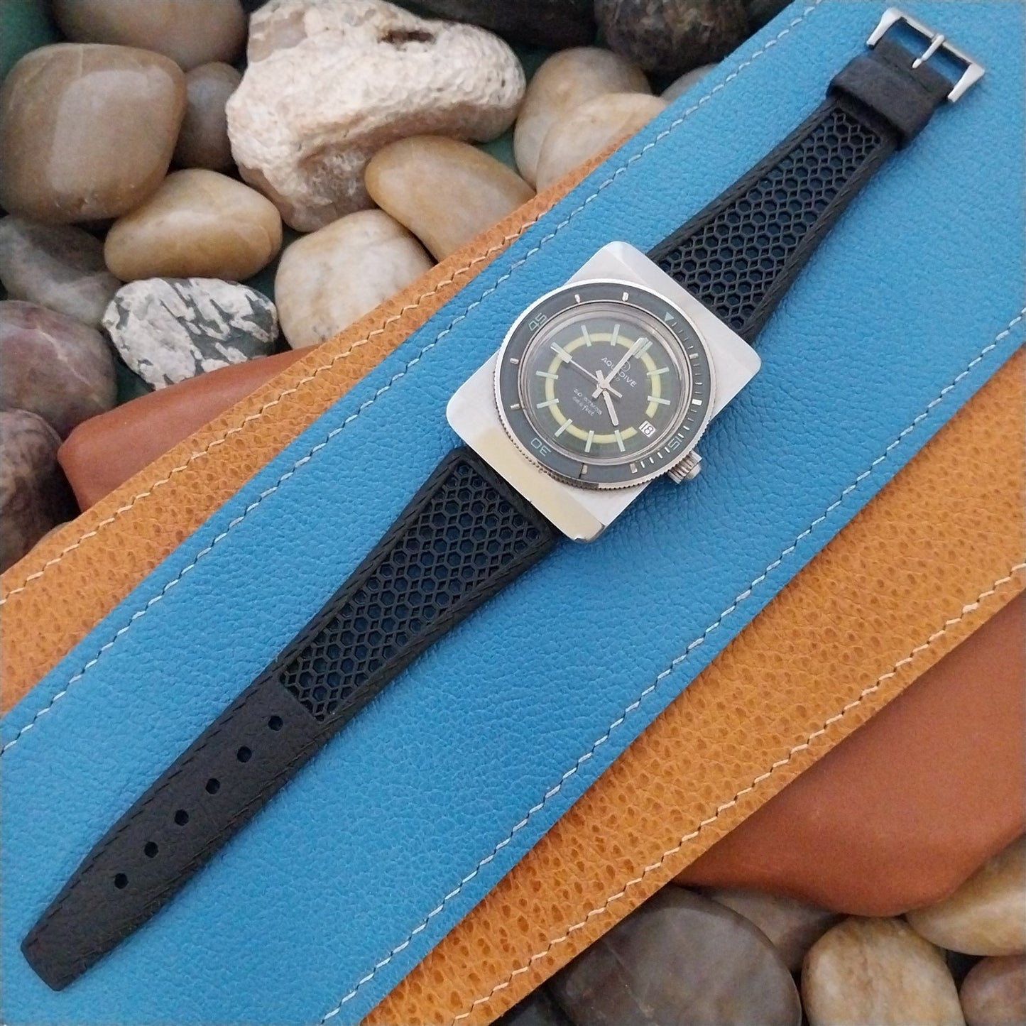 1960s Vintage 22mm Black Playa & ACIER Tropical Buckle Swiss Unused Watch Strap