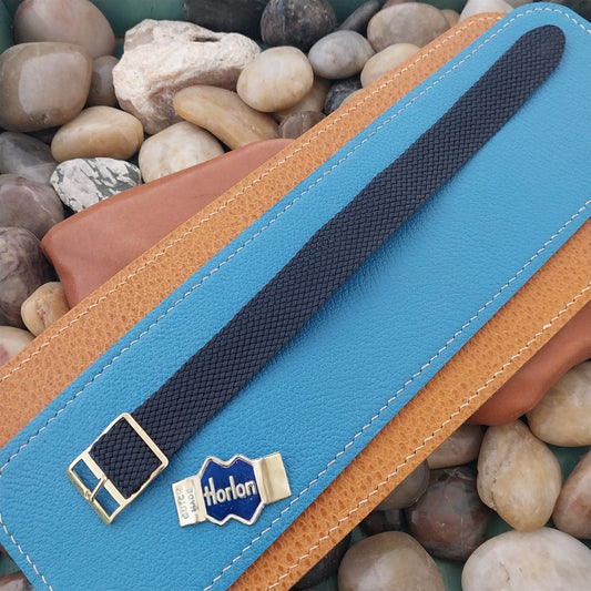 18mm Braided Perlon 1960s 1970s Vintage Watch Band Dark Blue Gold-Tone Buckle