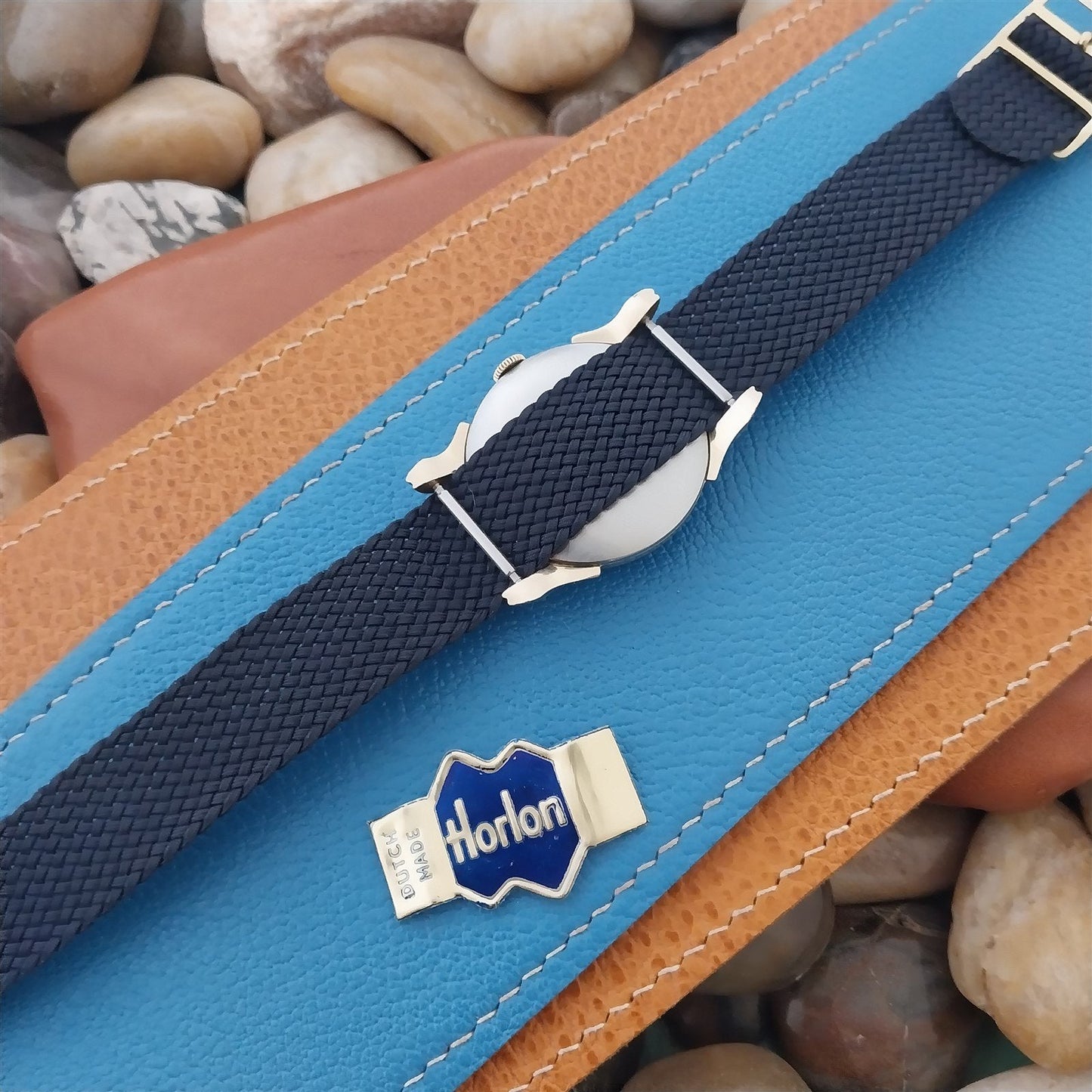 18mm Braided Perlon 1960s 1970s Vintage Watch Band Dark Blue Gold-Tone Buckle