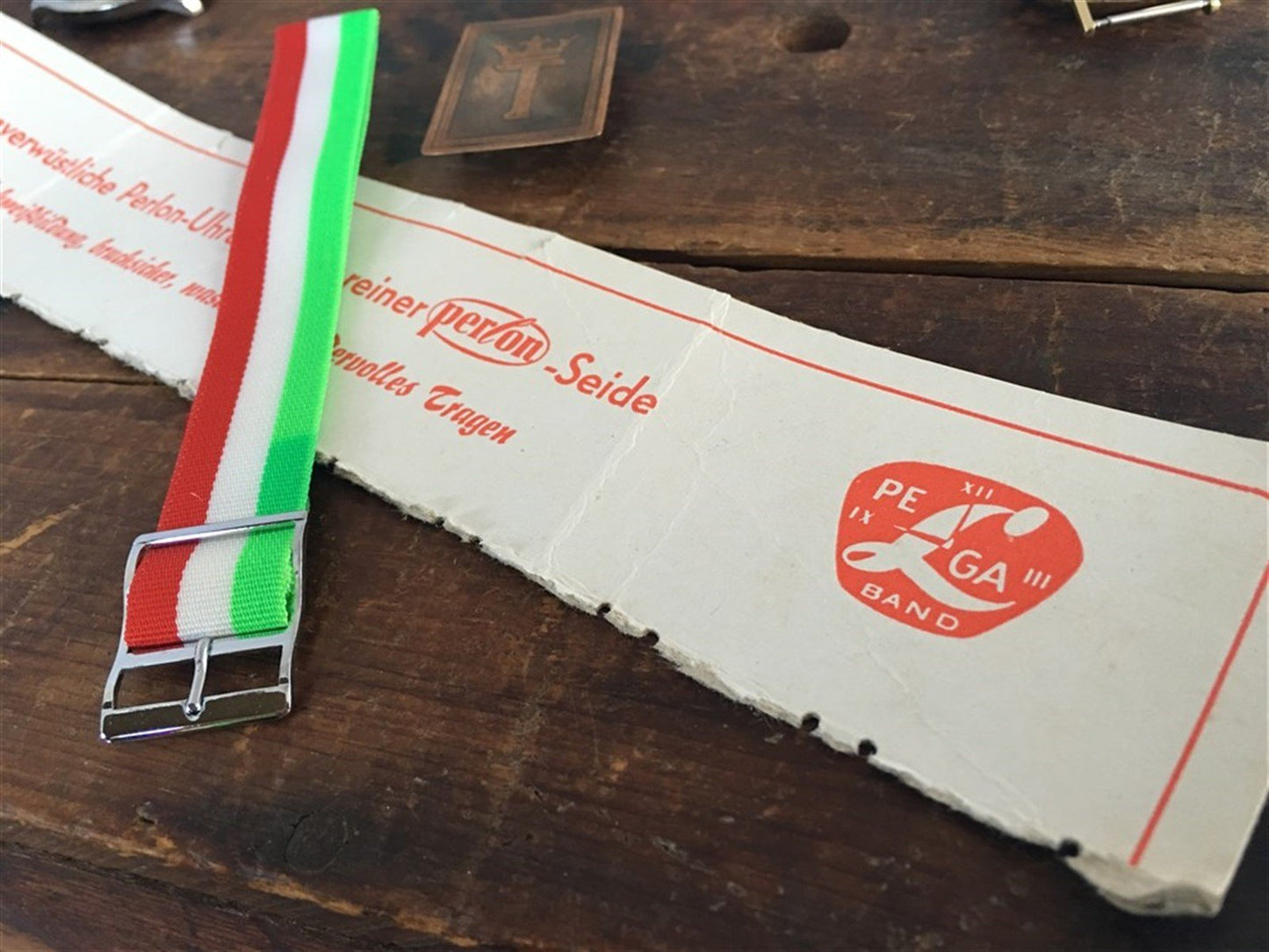 Vintage 18mm Perlon Classic 1960s Single Pass Red White Green Stripe Watch Strap