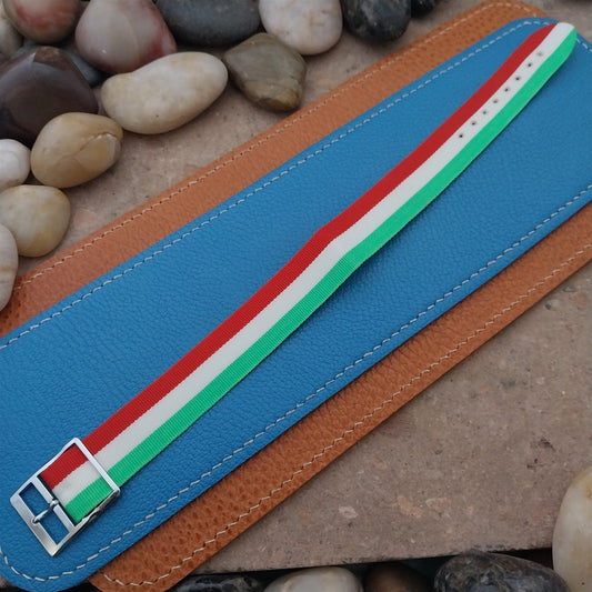 Vintage 18mm Perlon Classic 1960s Single Pass Red White Green Stripe Watch Strap