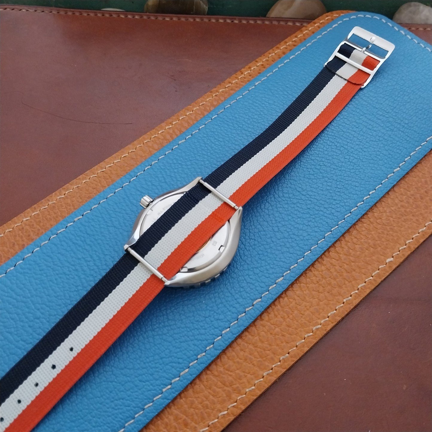 Classic 18mm 1960s Red White Blue Striped Perlon Vintage Single Pass Watch Strap