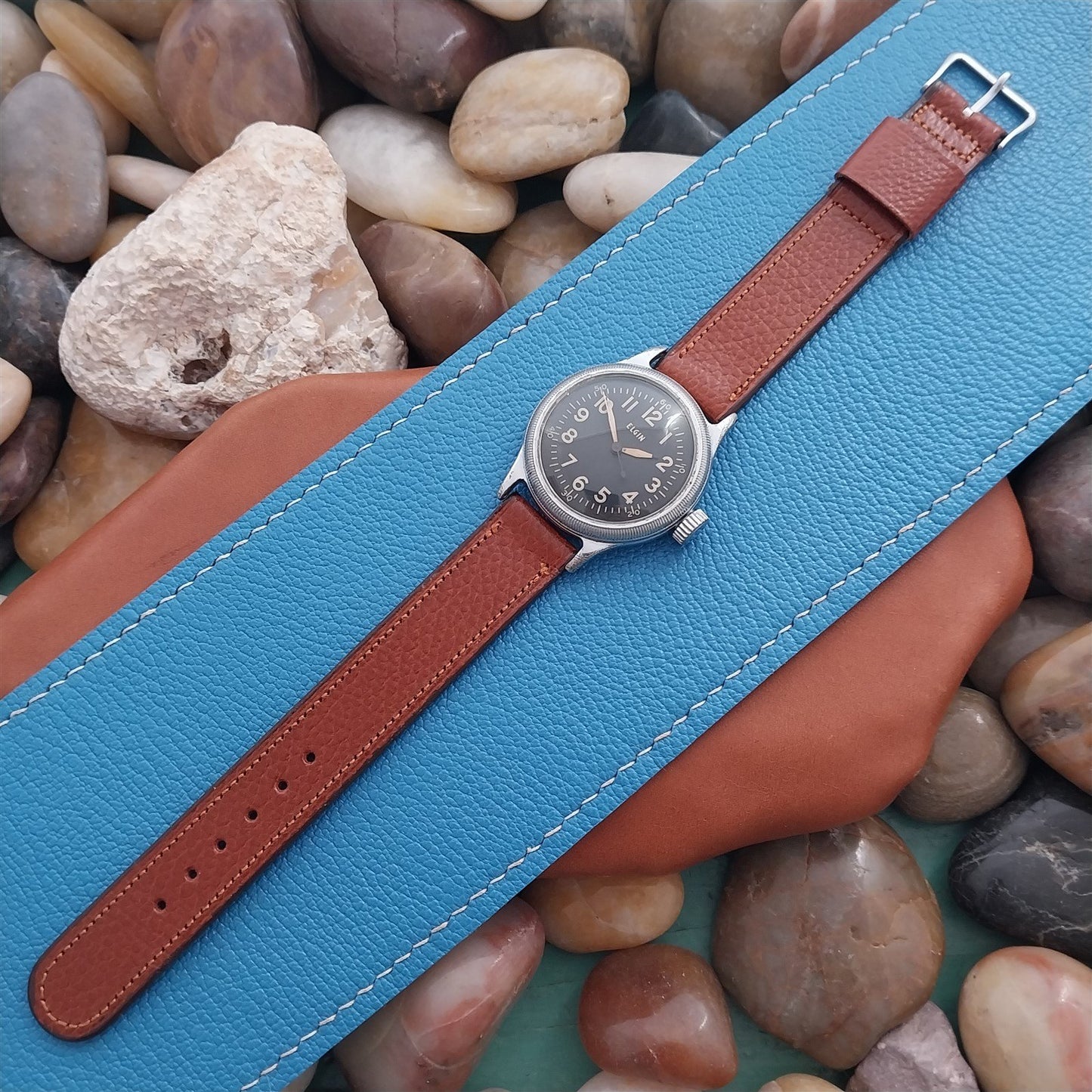 Vintage Elgin Logo Buckle& 5/8" Buffalo Calf Classic Unused Field Watch Strap