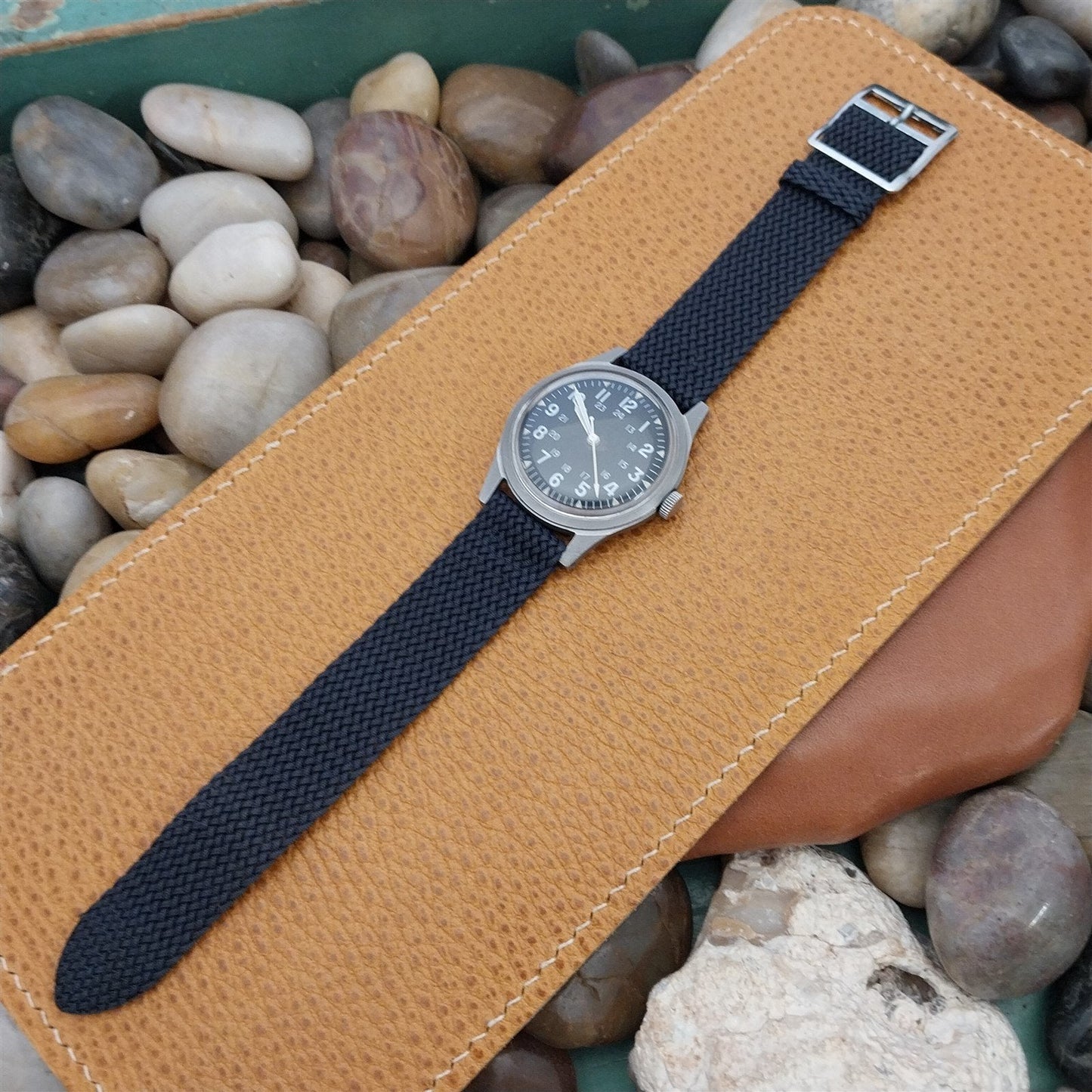 Perlon Mesh 2-piece Blue 18mm 1960s nos Vintage Watch Band & silver buckle