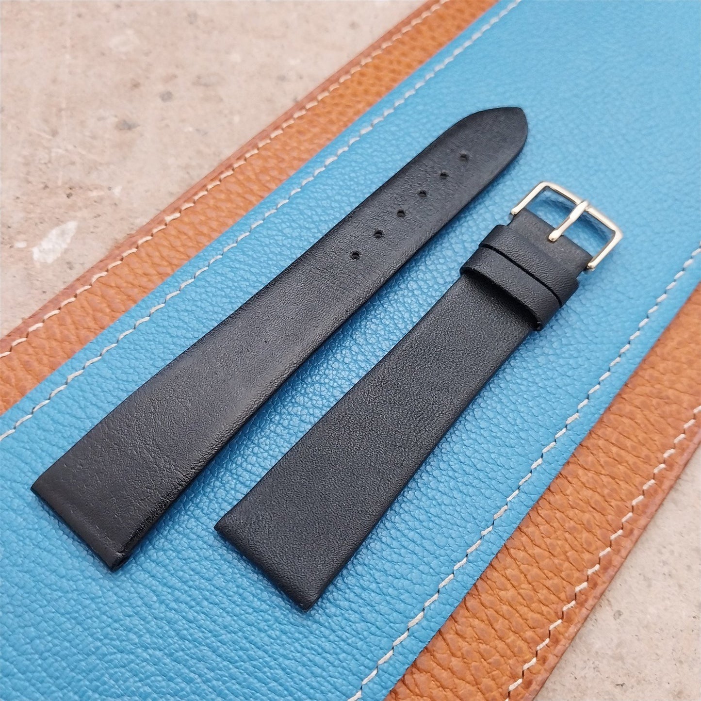 19mm Hadley Roma Long Tapered Black Calfskin Leather Watch Strap
