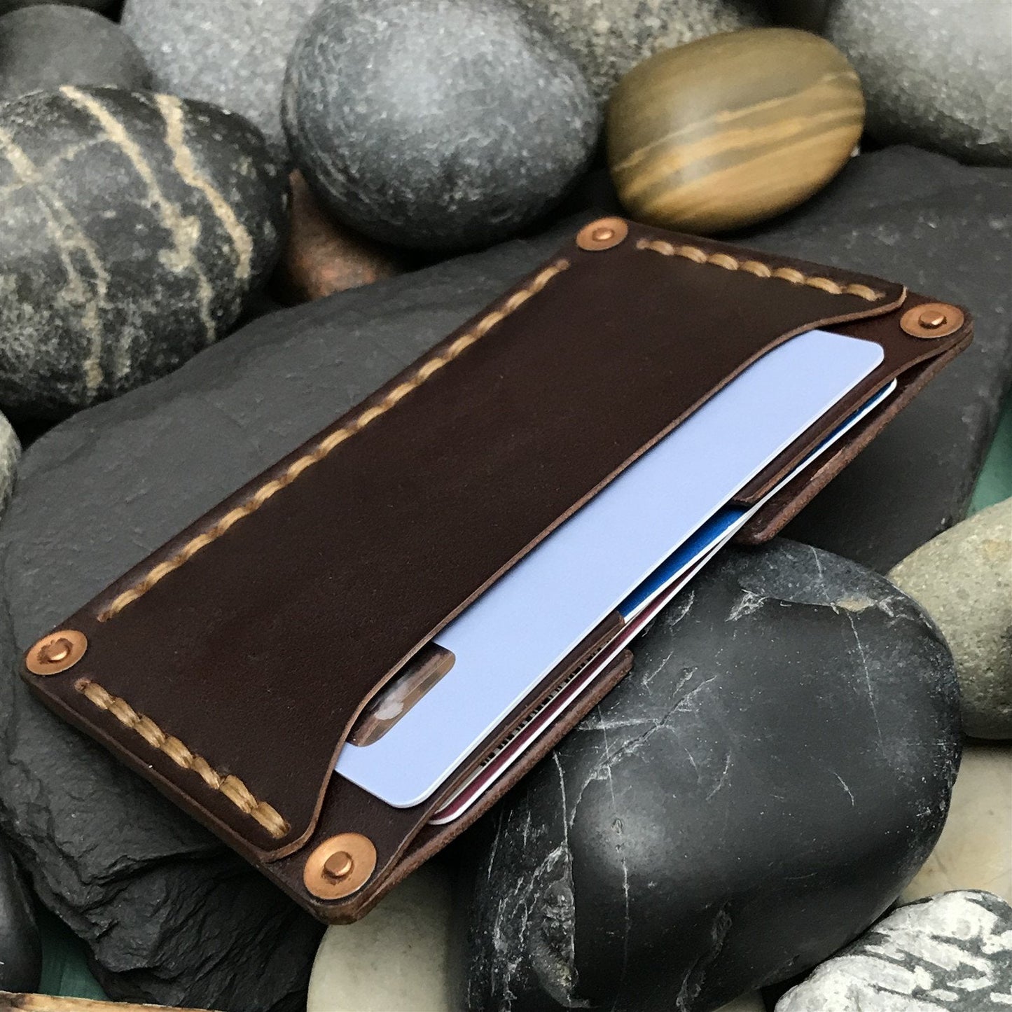 Handmade Shell Cordovan Leather Card Wallet Copper Riveted & Double Stitched