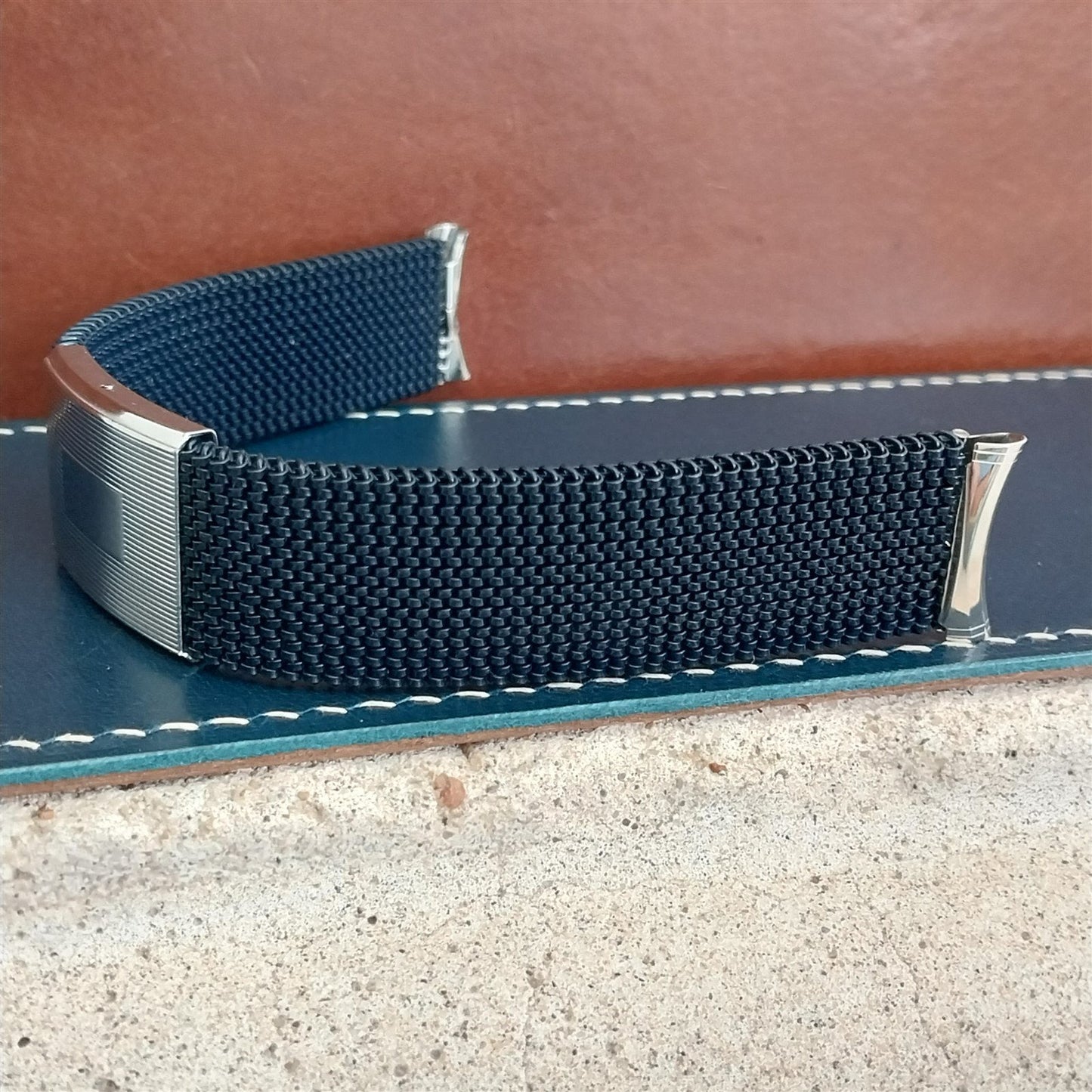 Vintage 19mm Evinger USA Blue Stainless Stretch Mesh nos Unused Watch Band