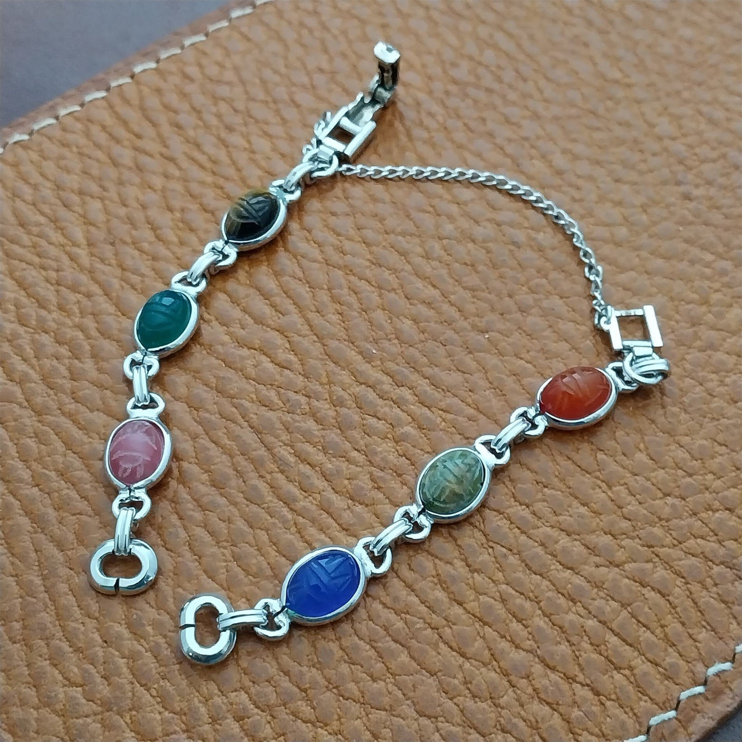 Vintage Carved Stone Scarab & White Gold-Filled Womens 1960s Classic Watch Band