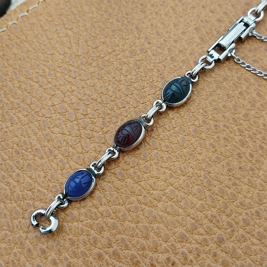 Carved Stone Scarab & White Gold-Filled Womens 1960s Vintage Watch Band