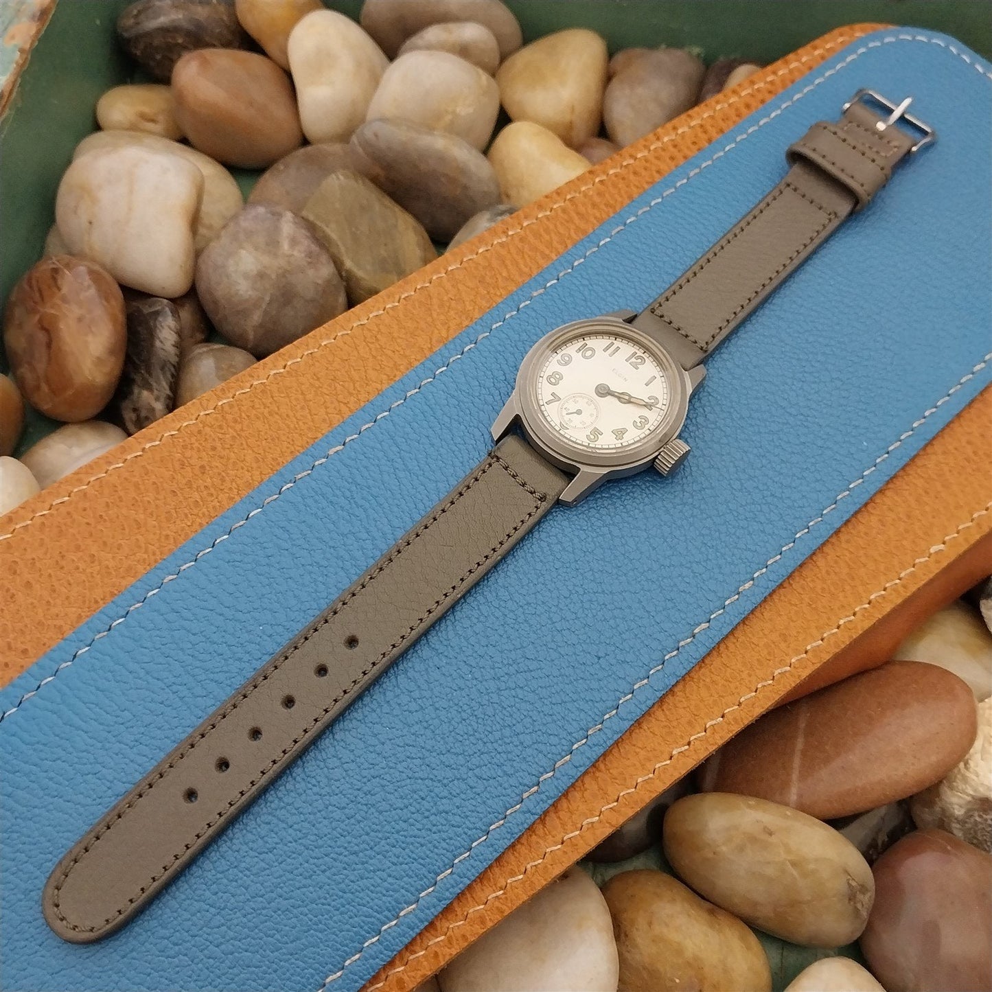 Elgin Buckle & 5/8" Gray Calf Unpadded Leather unused 1950s Vintage Watch Band