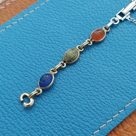 Ladies 1960s Carved Stone Scarab Yellow & White Gold-Filled Vintage Watch Band