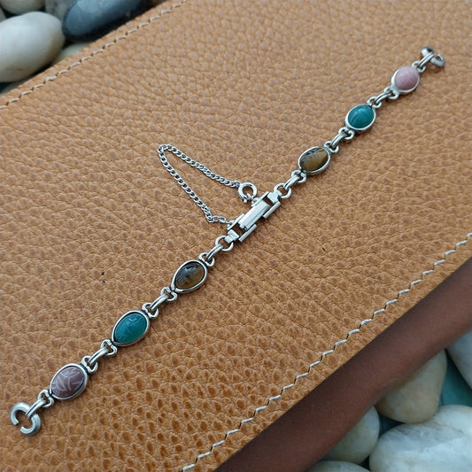 Carved Tiger Eye Scarab Stone White Gold-Filled Ladies 1960s Vintage Watch Band