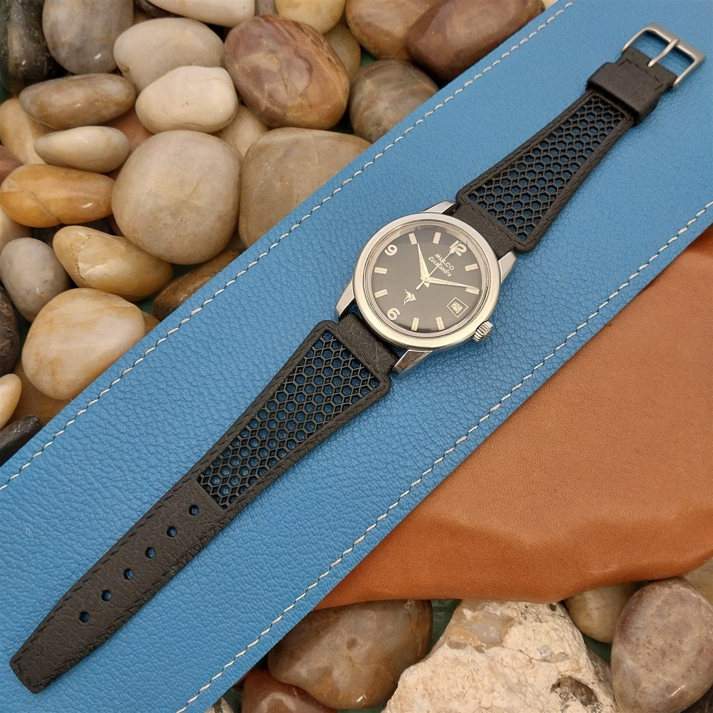 18mm 1970s Skindiver Black Golay Swiss Vintage Watch Band Matte Stainless Buckle