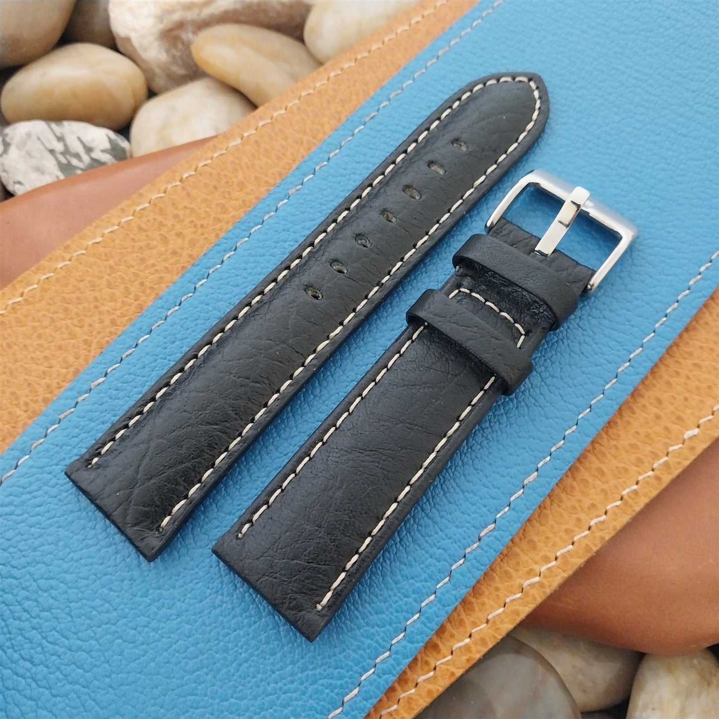 22mm Hadley Roma Black Contrast Stitch Leather Tapered 22/20 Unused Watch Band