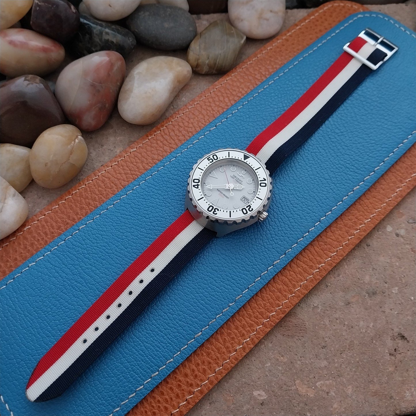 Perlon 18mm Red White Blue Classic Single Pass Unused 1960s Vintage Watch Strap