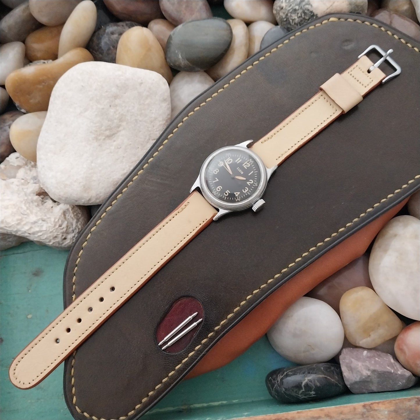 Elgin Buckle & 5/8" Calf Leather Single Keeper Military 1950s Vintage Watch Band