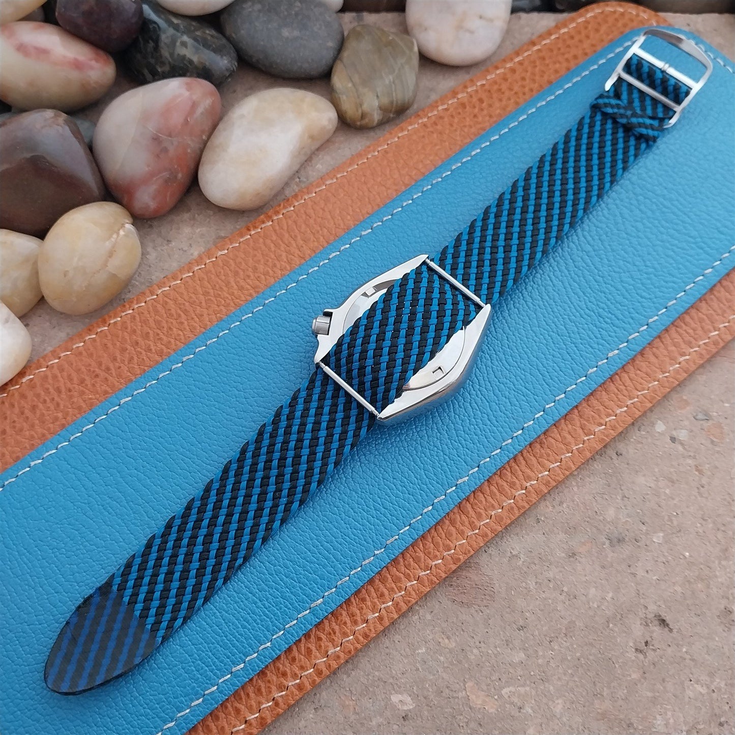 Vintage 20mm Braided Perlon Black & Blue Single Pass Unused 1960s Watch Strap