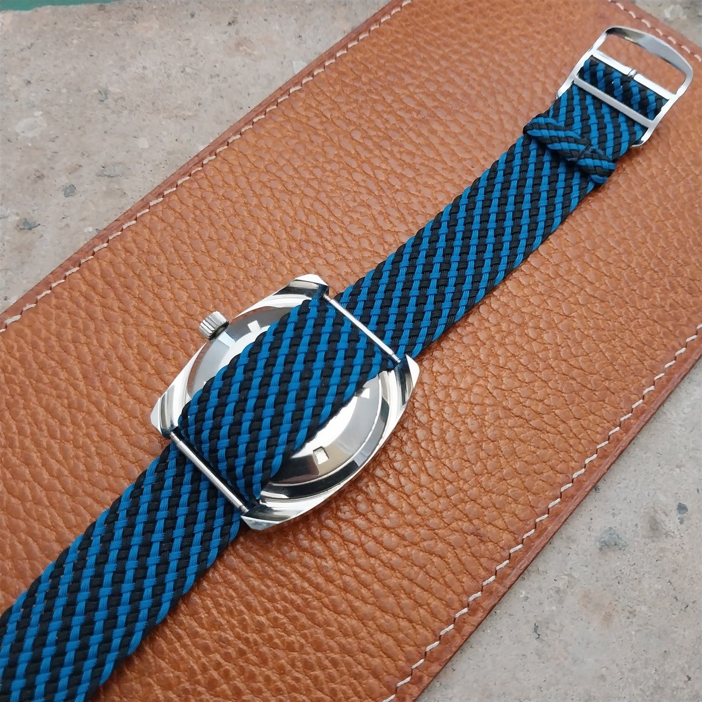 Vintage 20mm Braided Perlon Black & Blue Single Pass Unused 1960s Watch Strap