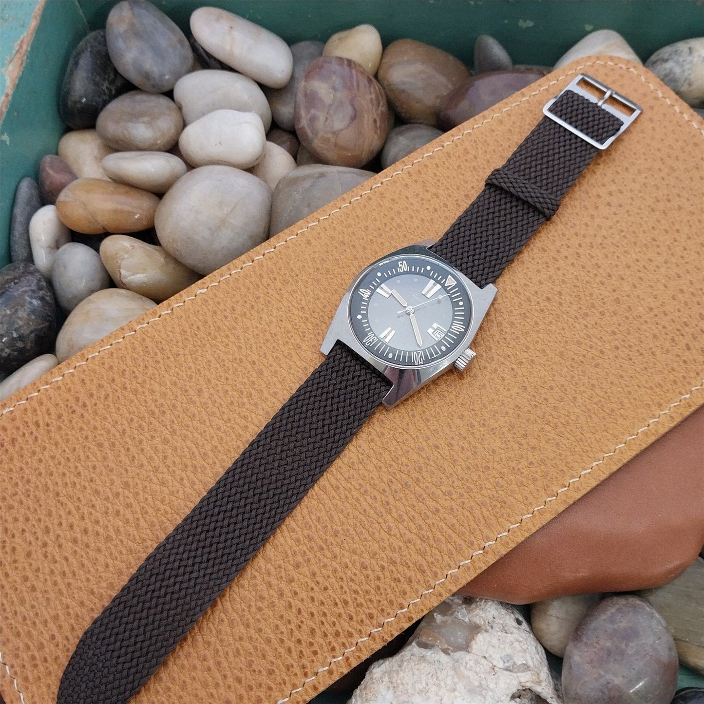 20mm Brown Braided Perlon Two-piece 1960s-1970s Unused nos Vintage Watch Band