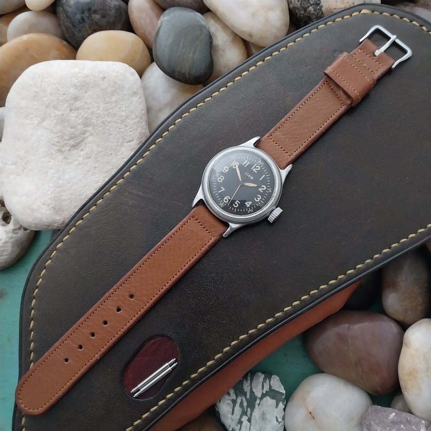 1950s Elgin Logo Buckle & 5/8" Short Veg-Tan Calf Unused nos Vintage Watch Band