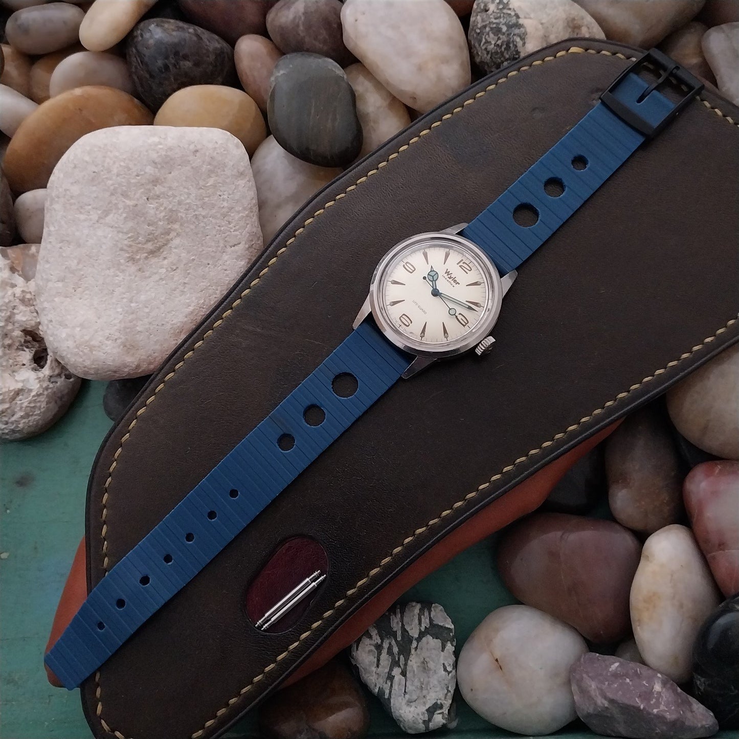 Vintage 18mm Rally GT Strap Blue & Black Round Hole NOS 1960s-1970s Watch Strap