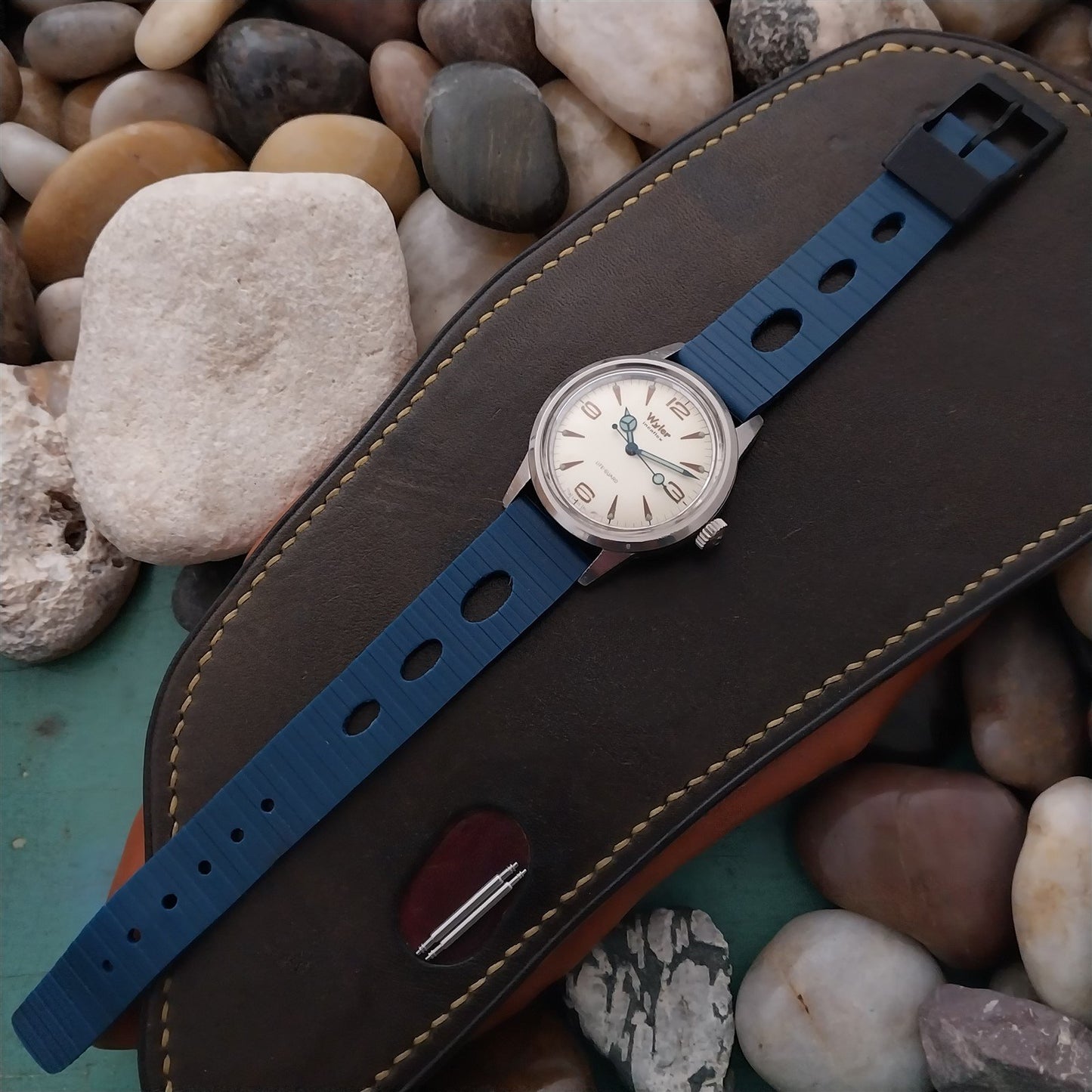 18mm Rally GT Strap Blue & Black Oval Hole NOS 1960s-1970s Vintage Watch Strap