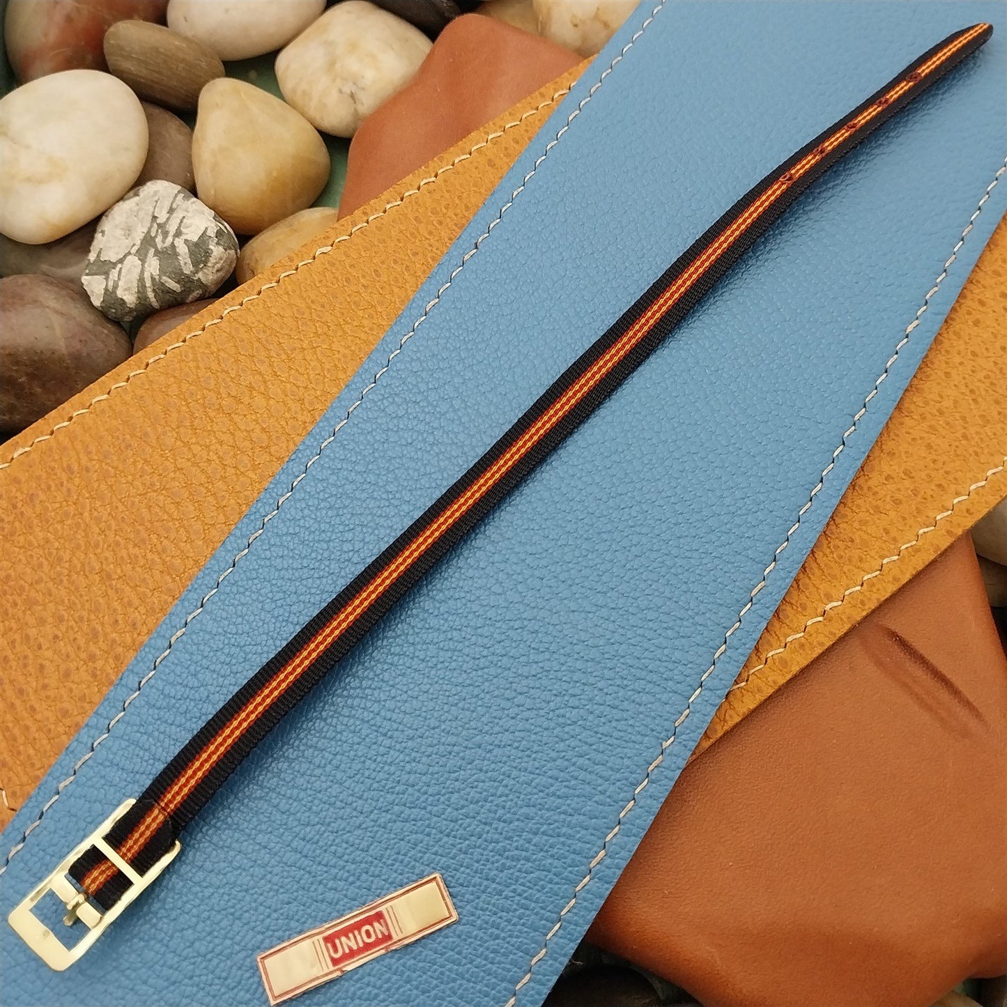 8mm Union Perlon Ladies Single Pass Blue Red & Yellow 1960s Vintage Watch Strap