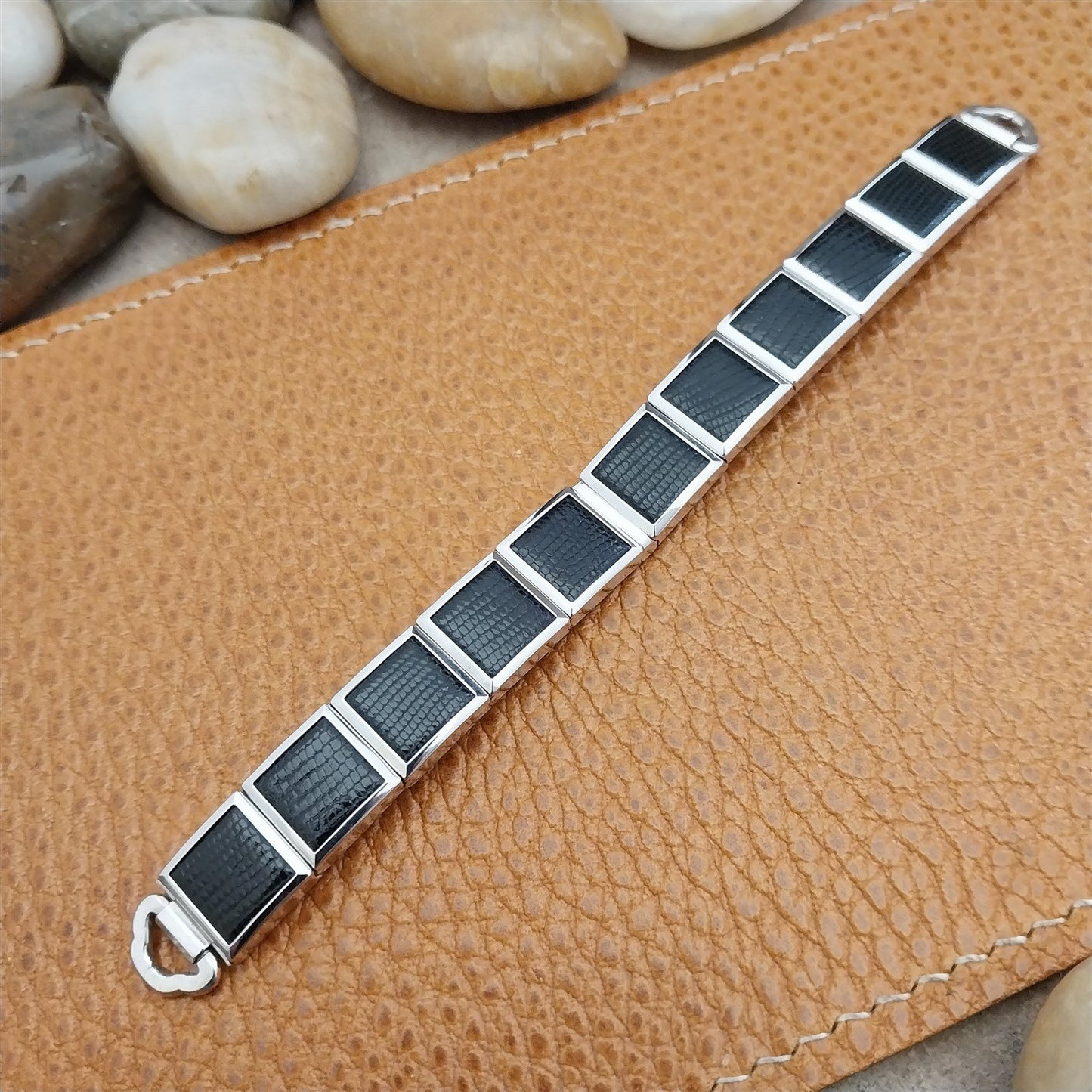 MCM White Gold-Filled & Black Speidel Lizard Links Unused Vintage Watch Band