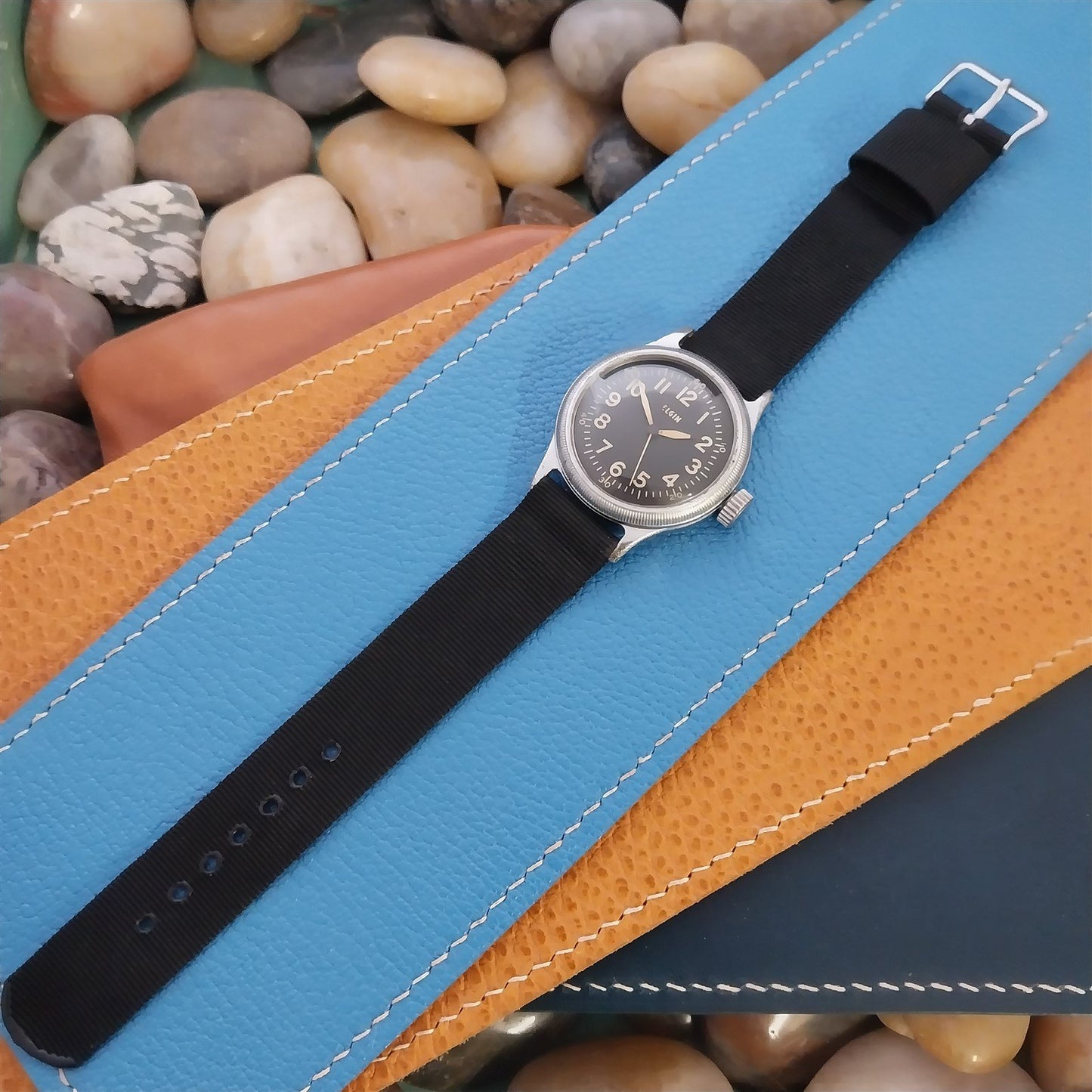 5/8" Black Nylon Tropical Unused 1950s Vintage Watch Strap & Elgin Logo Buckle