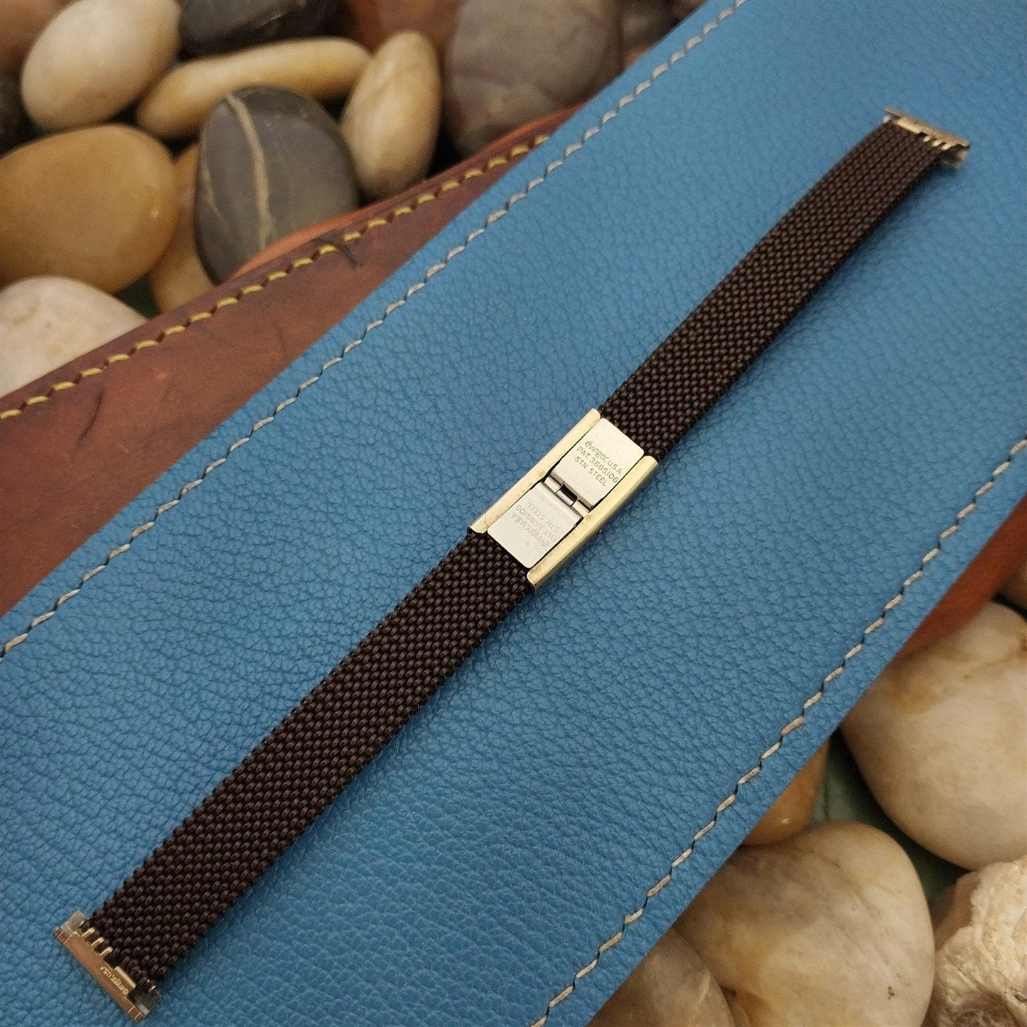 1/2" 12mm 11mm Evinger USA Brown & Gold ep Stretch Mesh 1970s Vintage Watch Band