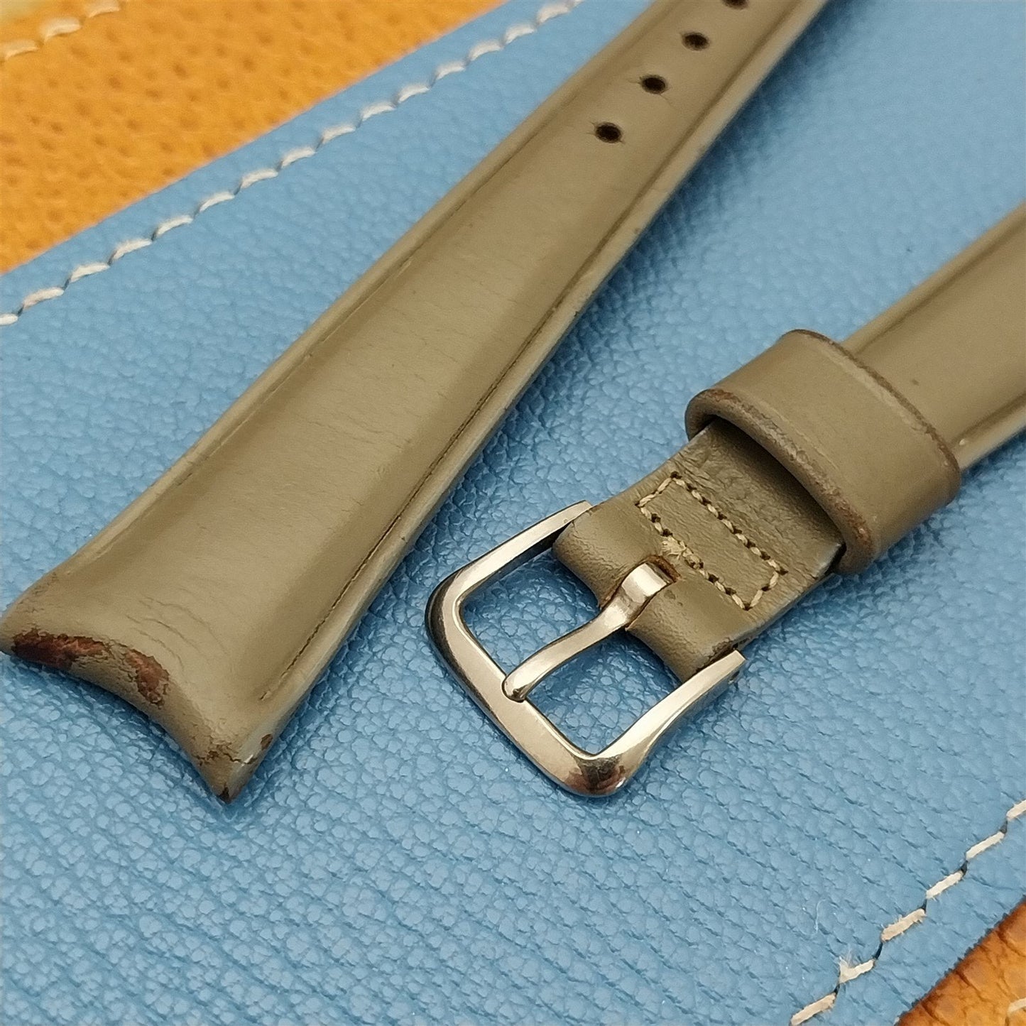 18mm Hamilton Gray Leather Curved End Unused Vintage Watch Band & Logo Buckle