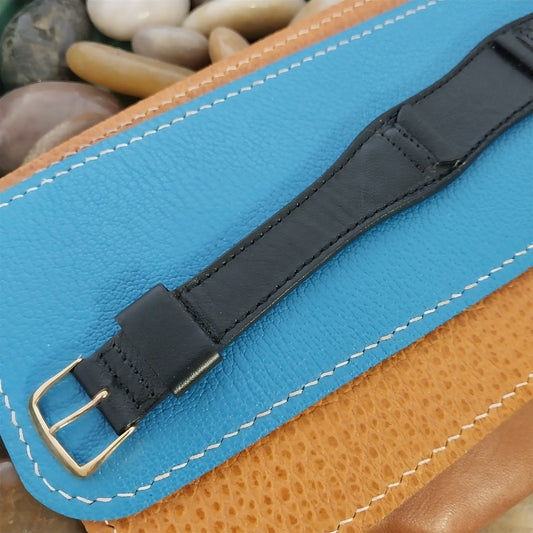 1970s Long 18mm Classic Cuff Vintage Black Leather Unused All In One Watch Band