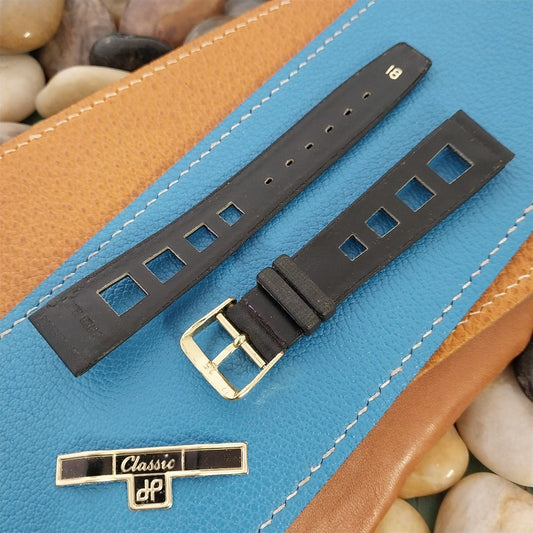 1960s 18mm Black Leather Classic Contrast Stitch Rally NOS Vintage Watch Band