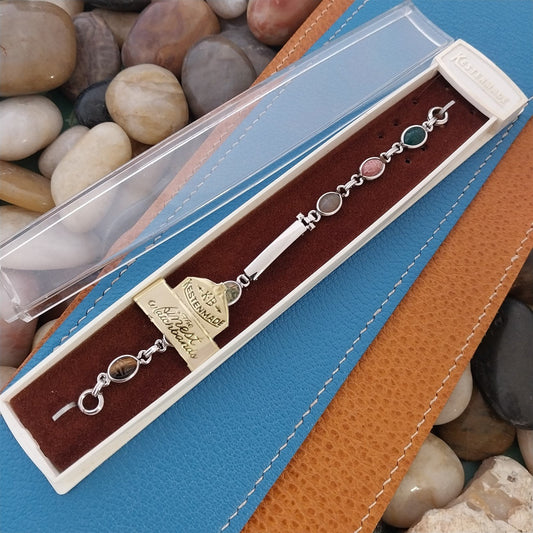 Vintage 1960s White Gold-Filled Natural Gemstone Scarab Cocktail Watch Bracelet