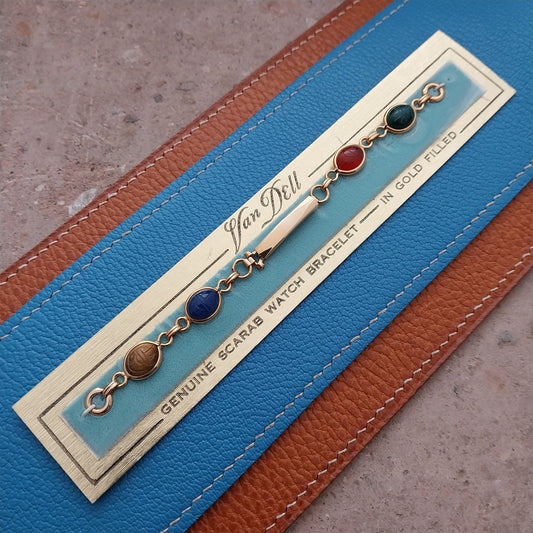 Ladies 1950s Carved Stone Scarab Yellow Gold-Filled Cocktail Watch Bracelet