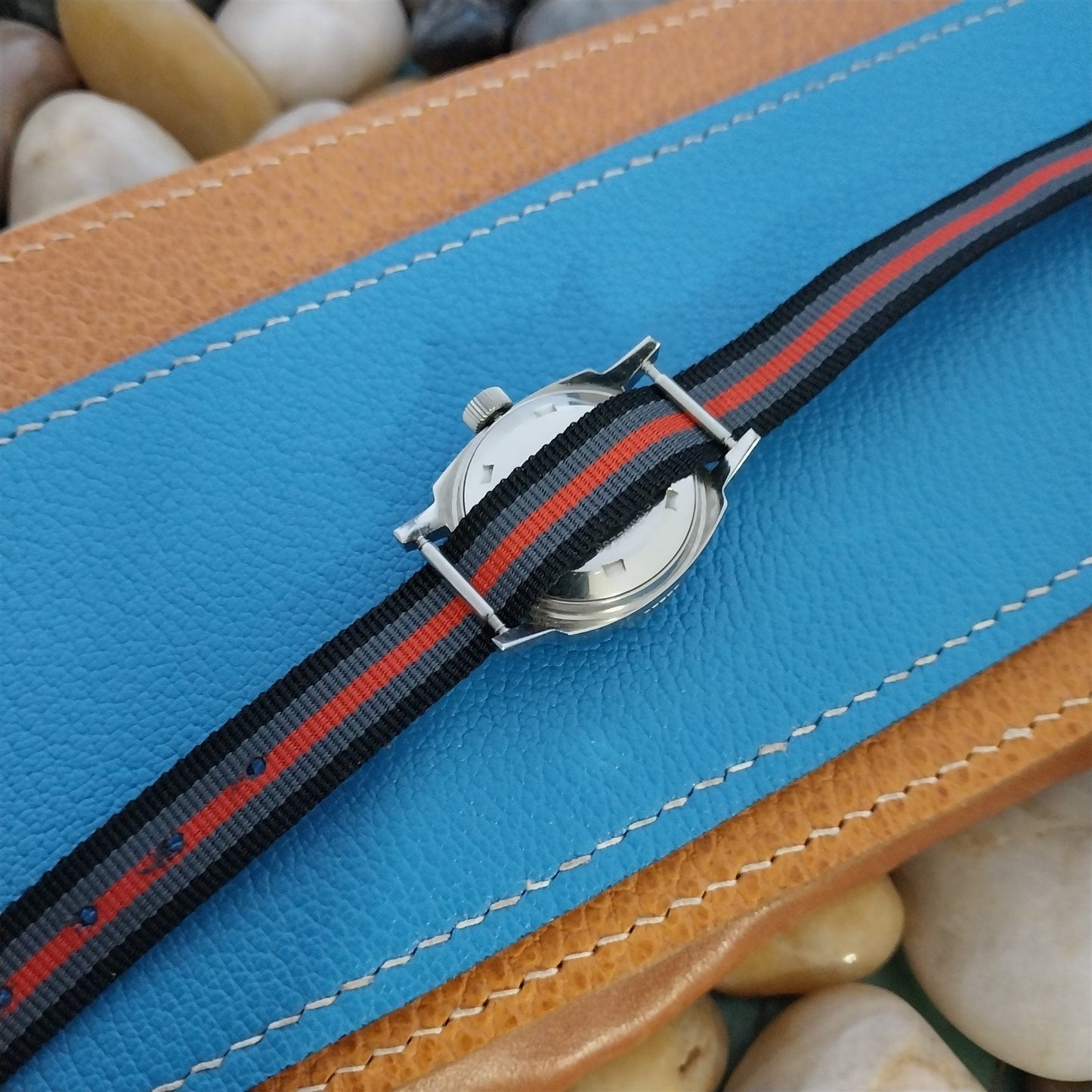 Vintage 11mm Italian Perlon Ladies 1960s Single Pass Black Red & Gray Watch Band
