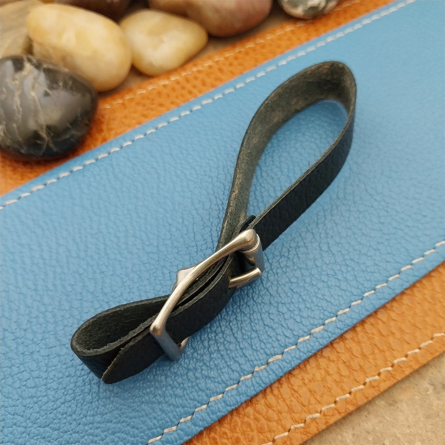 Black Grain Saddle Leather Vintage Pocket Watch Fob Strap & Premium Solid Buckle