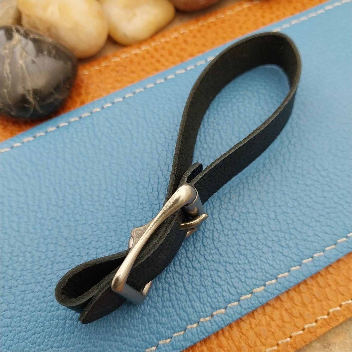 Black French Goatskin Leather Vintage Pocket Watch Fob Strap & Solid Buckle