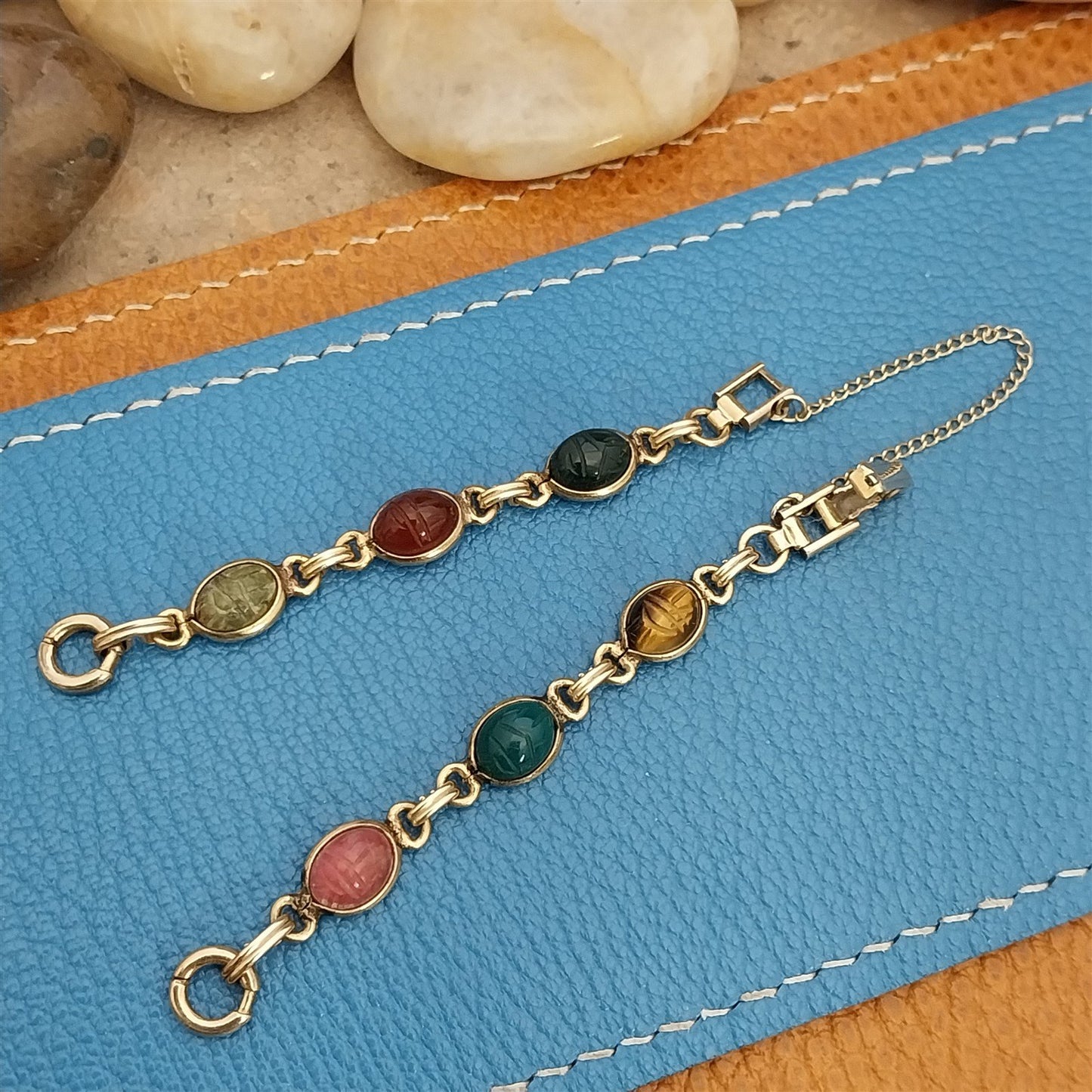 Vintage Kreisler Carved Stone Scarab & Gold-Filled Womens 1960s Watch Band