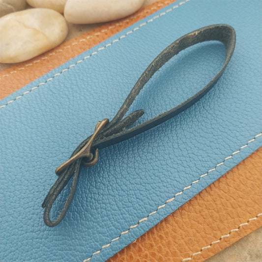 3/8" Black Grained Saddle Leather Vintage Pocket Watch Fob Strap & Solid Buckle