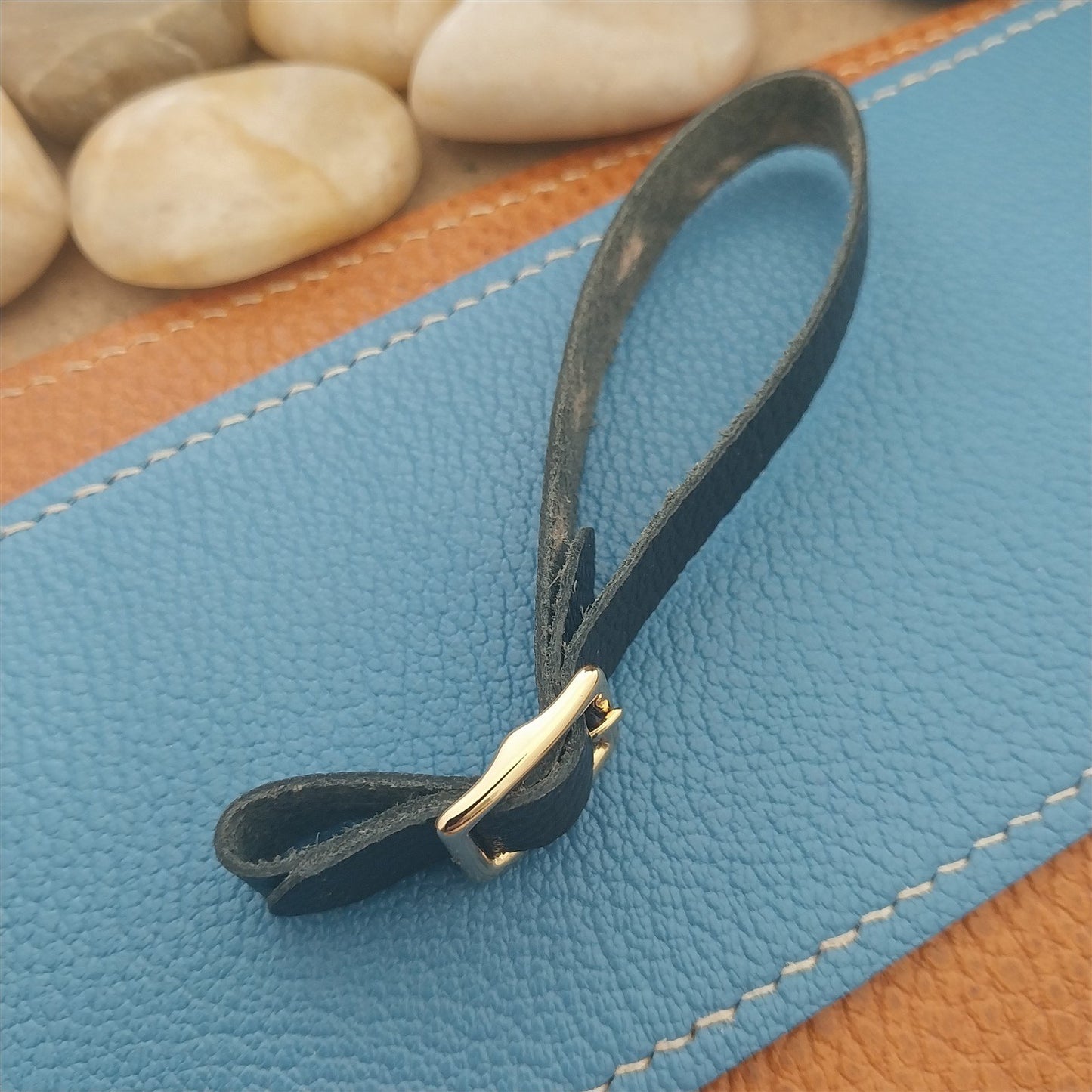 3/8" Black Grained Saddle Leather Vintage Watch Fob Strap & Gold Plated Buckle