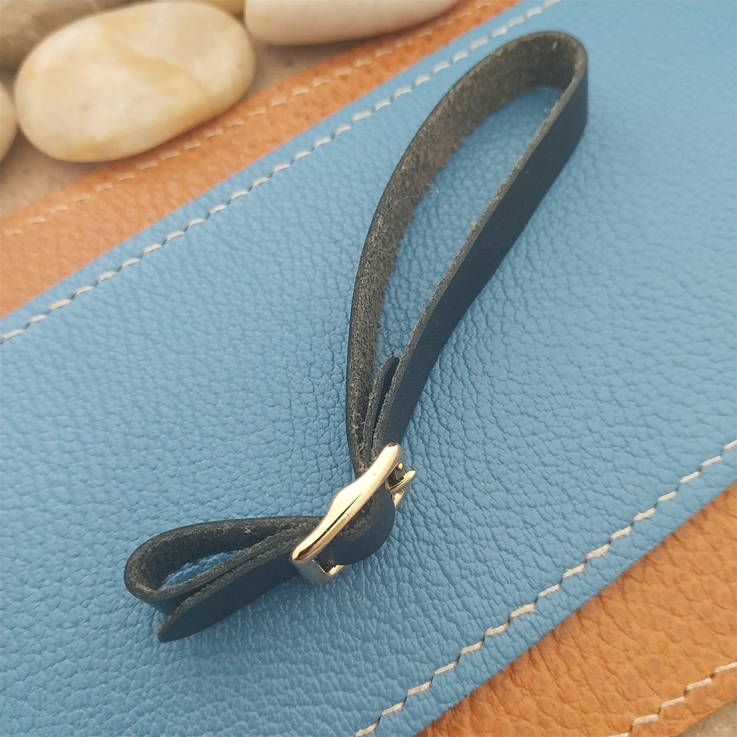 3/8" Black English Bridle Leather Vintage Watch Fob Strap & Gold Plated Buckle