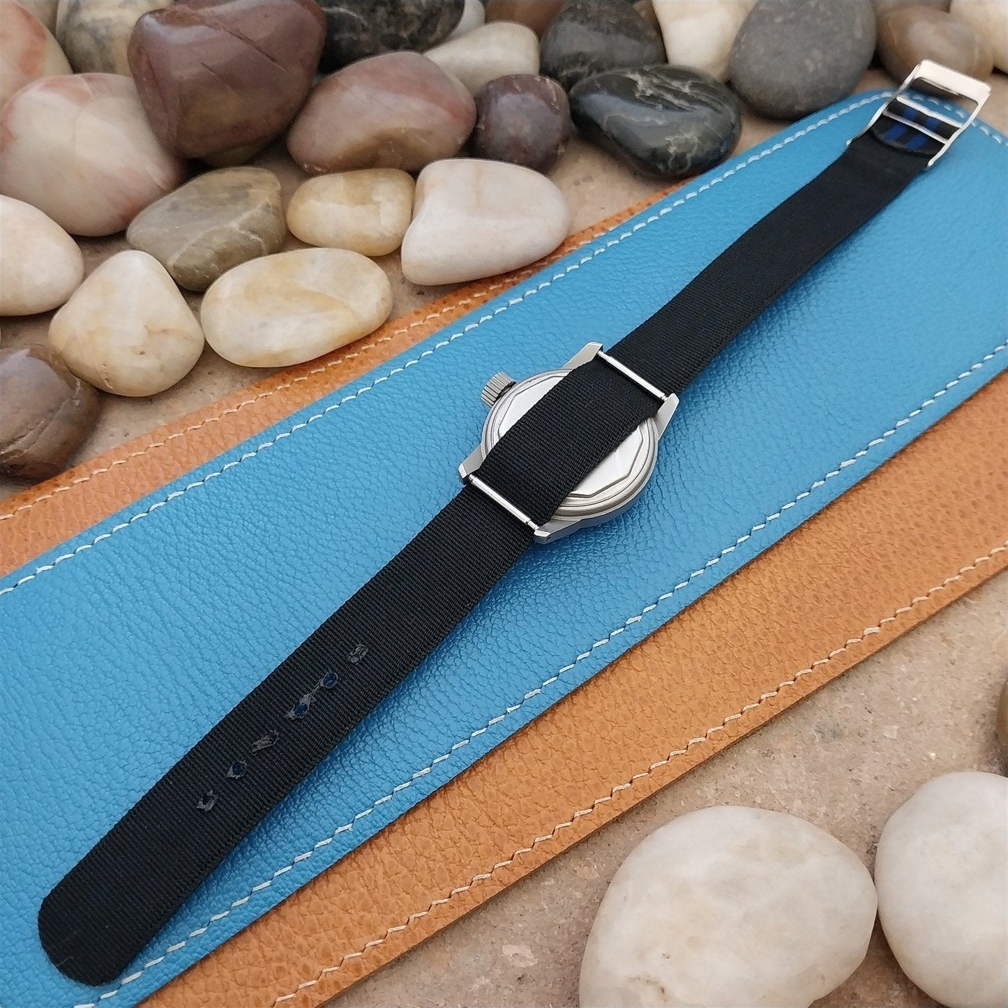 Vintage 16mm Blue & Black Stripe Nylon Classic Single Pass Unused nos Watch Band