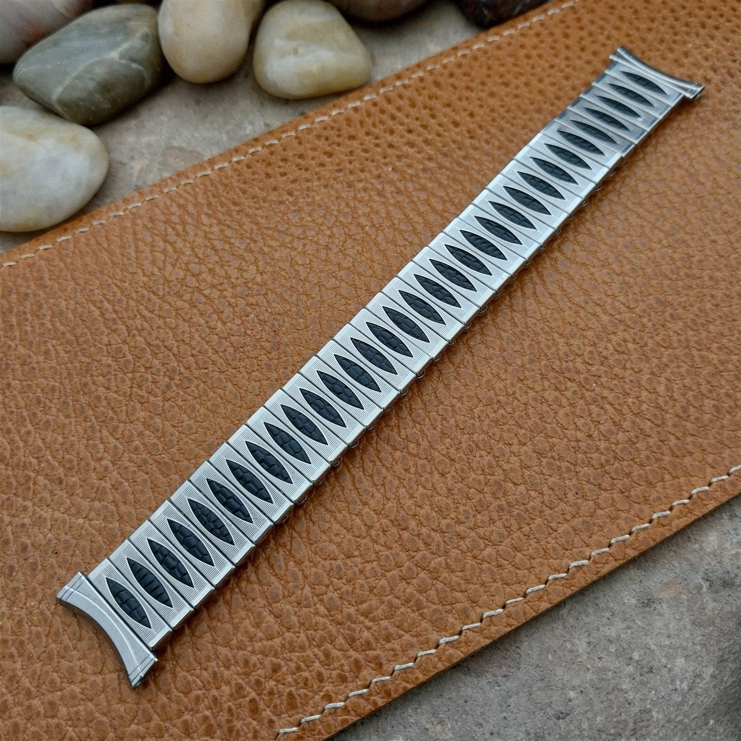 19mm Stainless Steel & Black Lizard Grain Hadley Unused 1960s Vintage Watch Band
